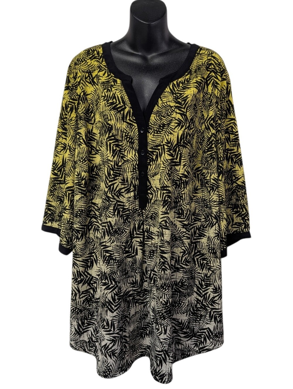 Catherines Womens Plus 3X Yellow Black Leaf Print V-Neck Button 3/4 Sleeve Tunic